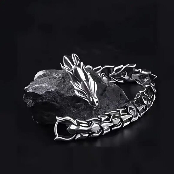 BOGO Tungsten Steel Silver plated Mens Dragon statement bracelet - Picture 1 of 2